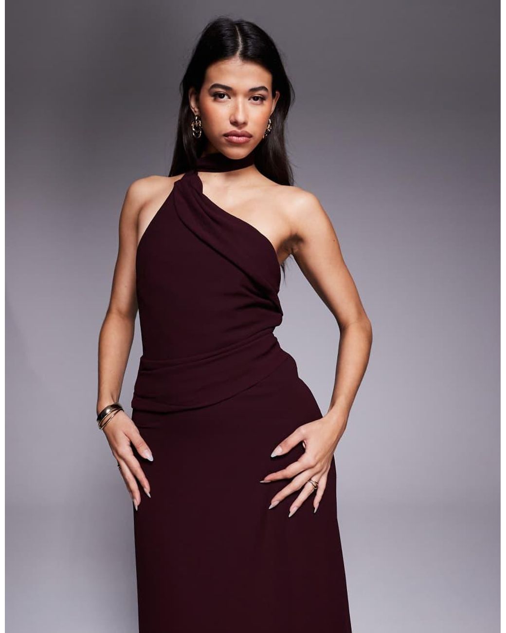 TFNC London Purple One Shoulder Scarf Neck Maxi Dress