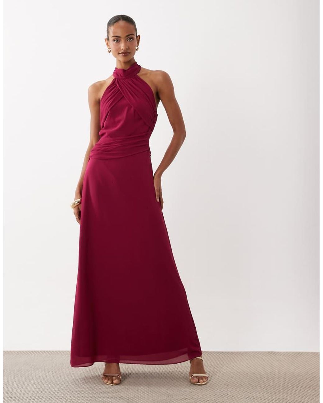 TFNC London Red Bridesmaid Chiffon Halter Neck Drape Maxi Dress