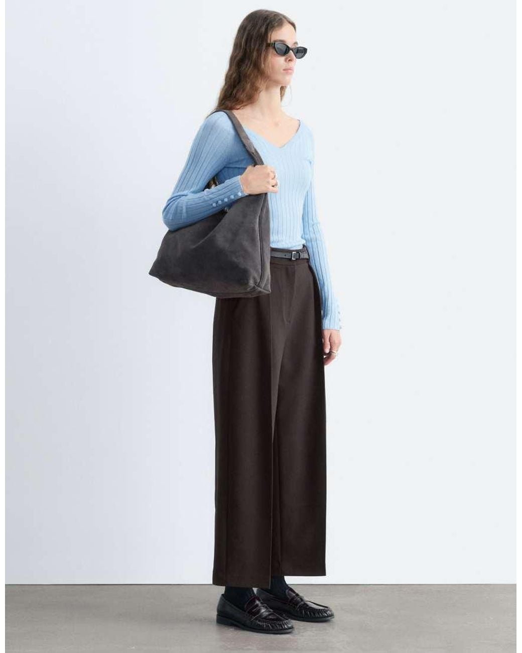 & Other Stories Blue 100% Wool V Neck Long Sleeve Rib Top With Button Up Cuffs