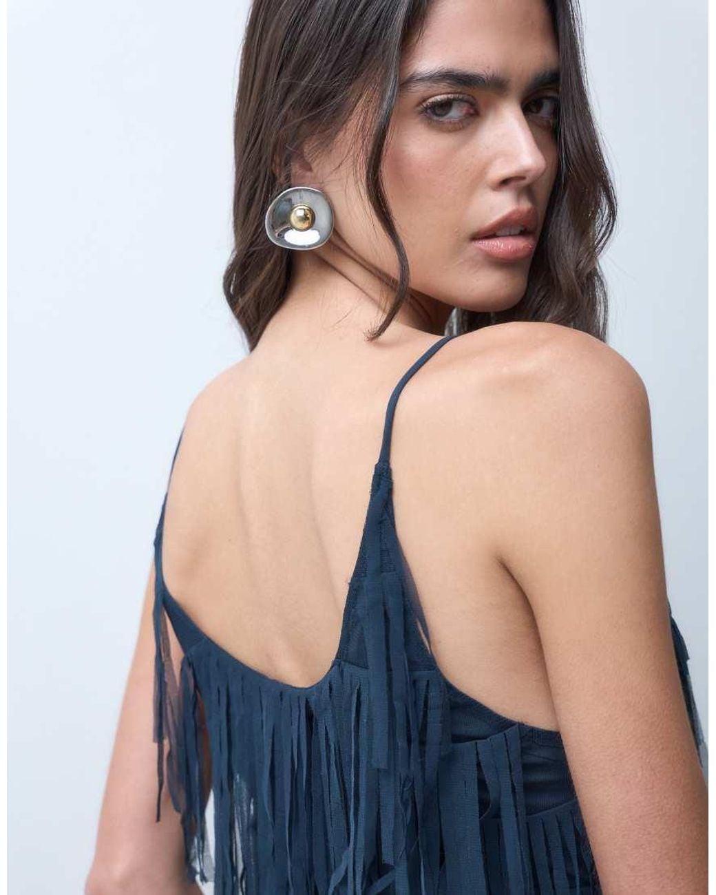 ASOS Blue Cami Cutout Back Ribbon Fringe Maxi Dress