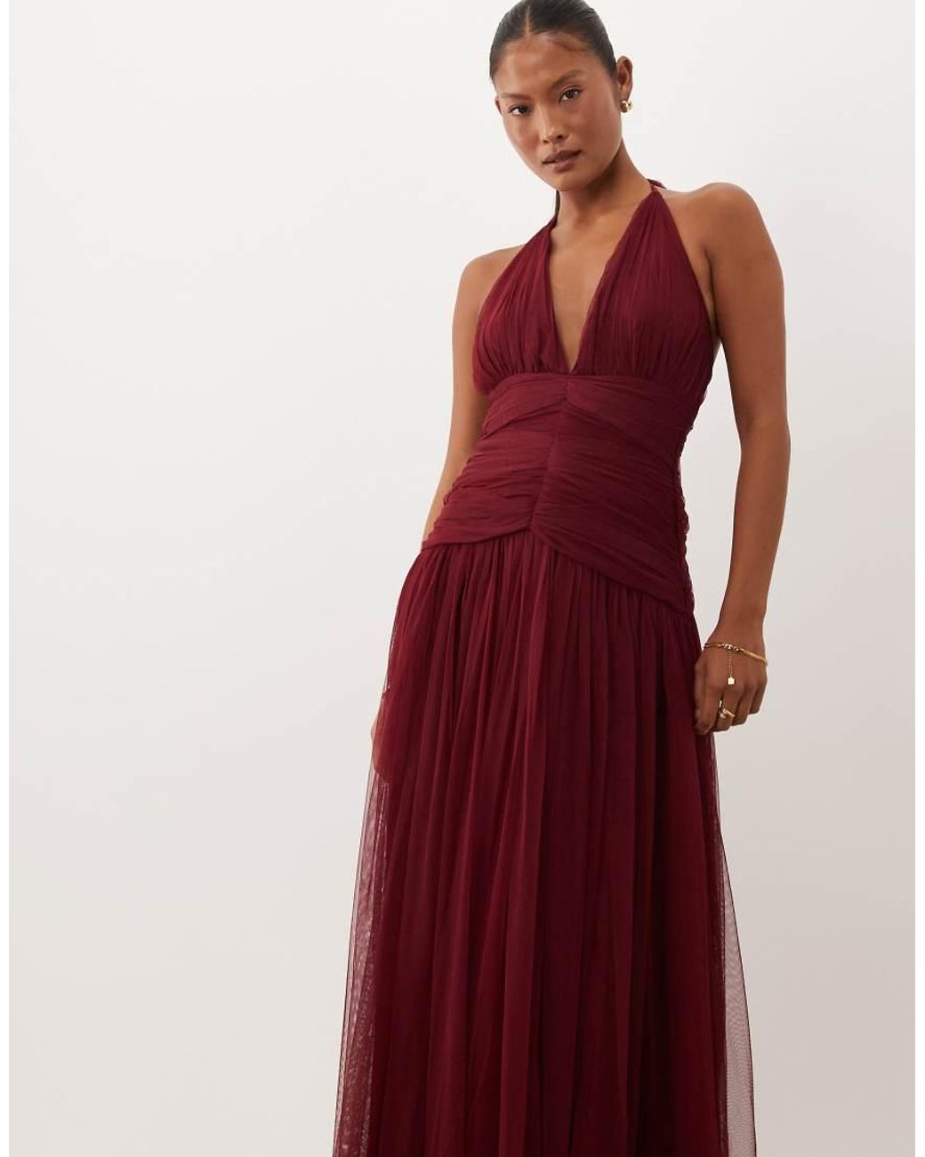 LACE & BEADS Structured Halter Neck Dropped Waist Maxi Dress