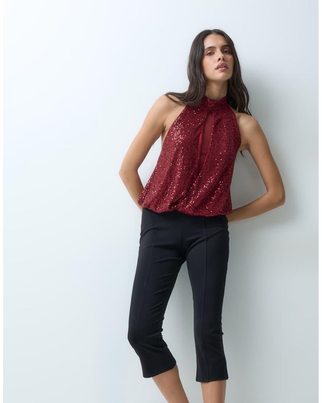 ASOS Red Sequin Draped Top With Mesh