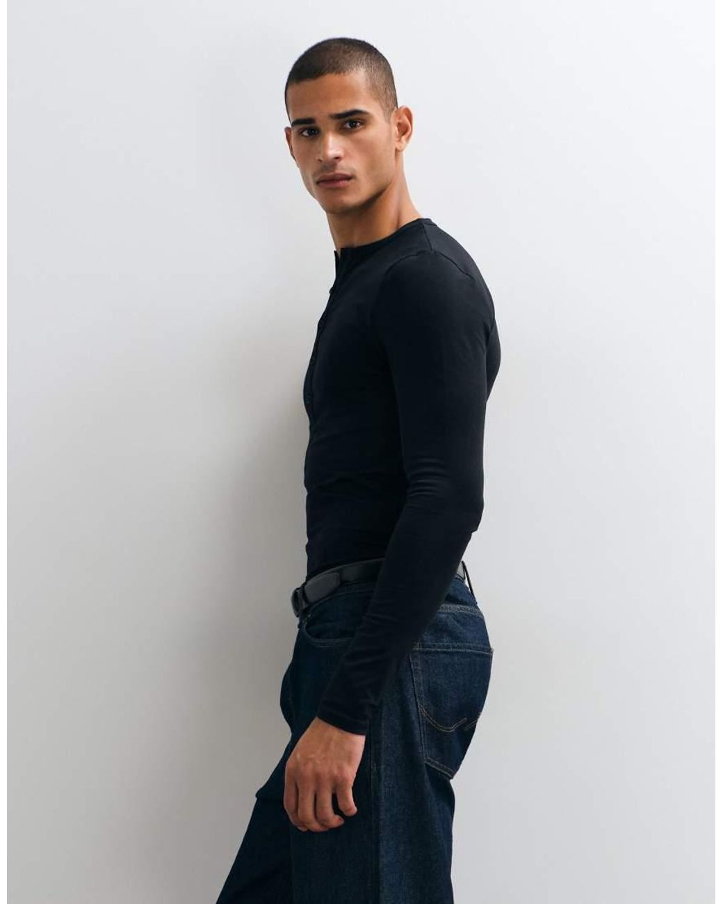 ASOS Blue Muscle Fit Long Sleeve Henley T-shirt for men