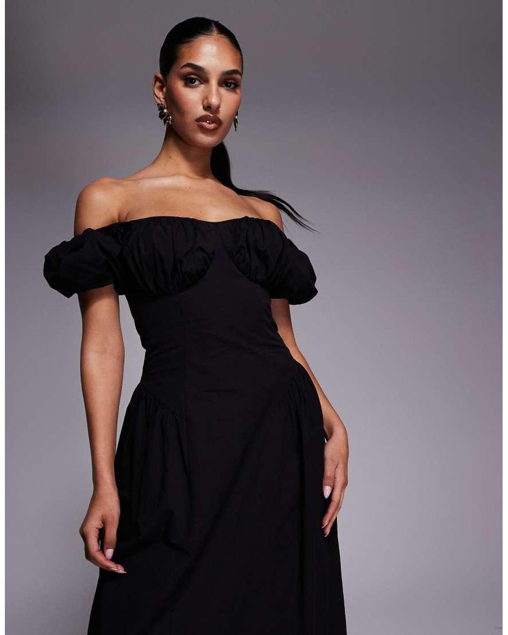 Kaiia Blue Exclusive Cotton Milkmaid Puff Sleeve Hip Pleat Detail Maxi Dress