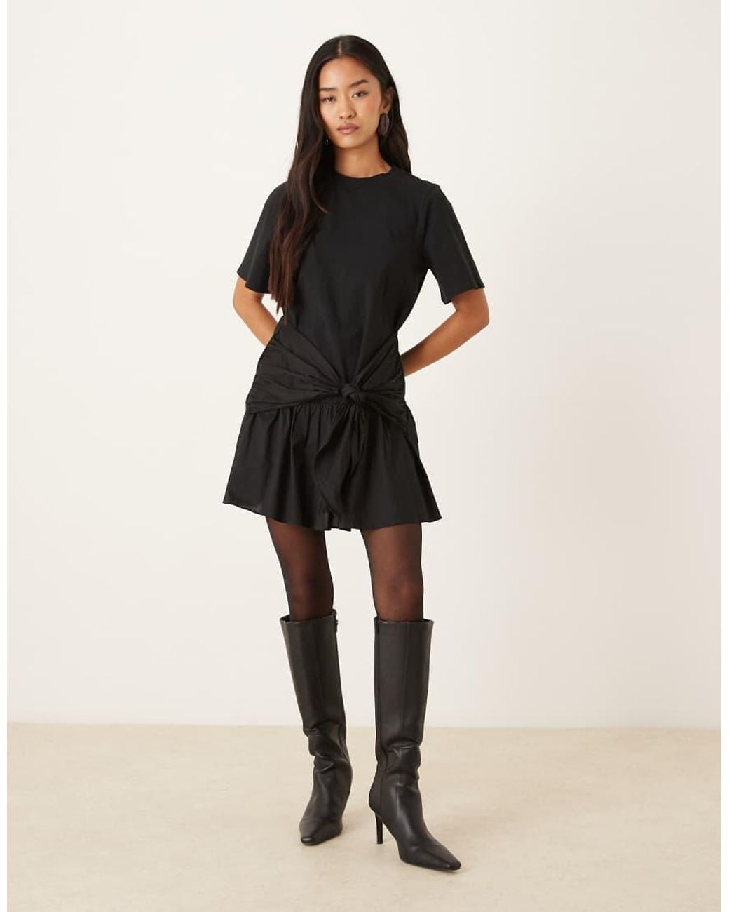 ASOS Black Tie Front T-shirt Mini Dress With Poplin Skirt