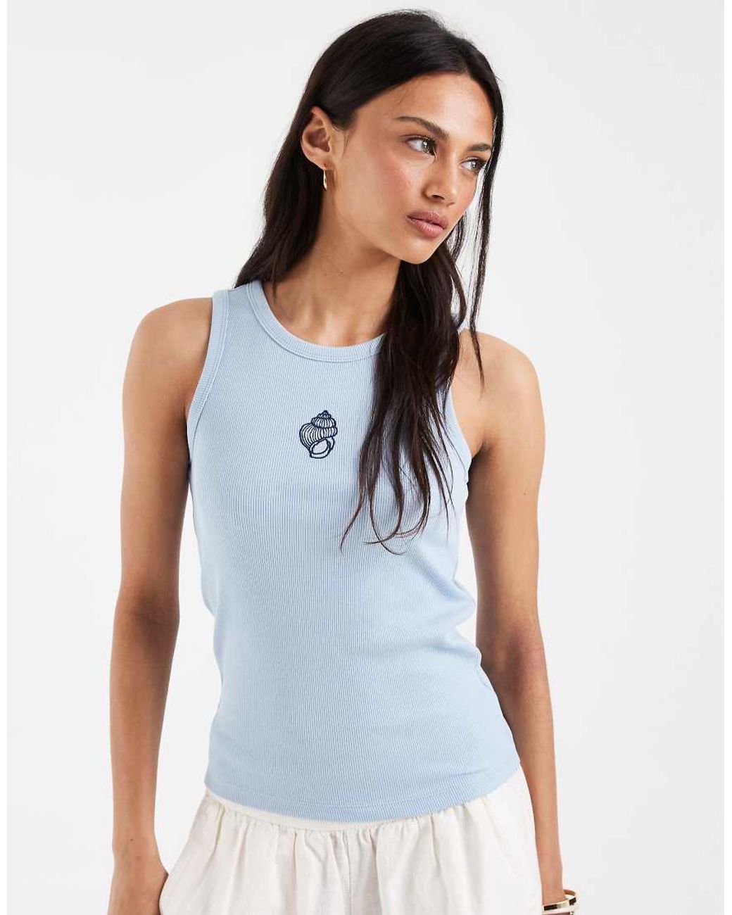 Pieces White Shell Embroidered Cotton Tank Top
