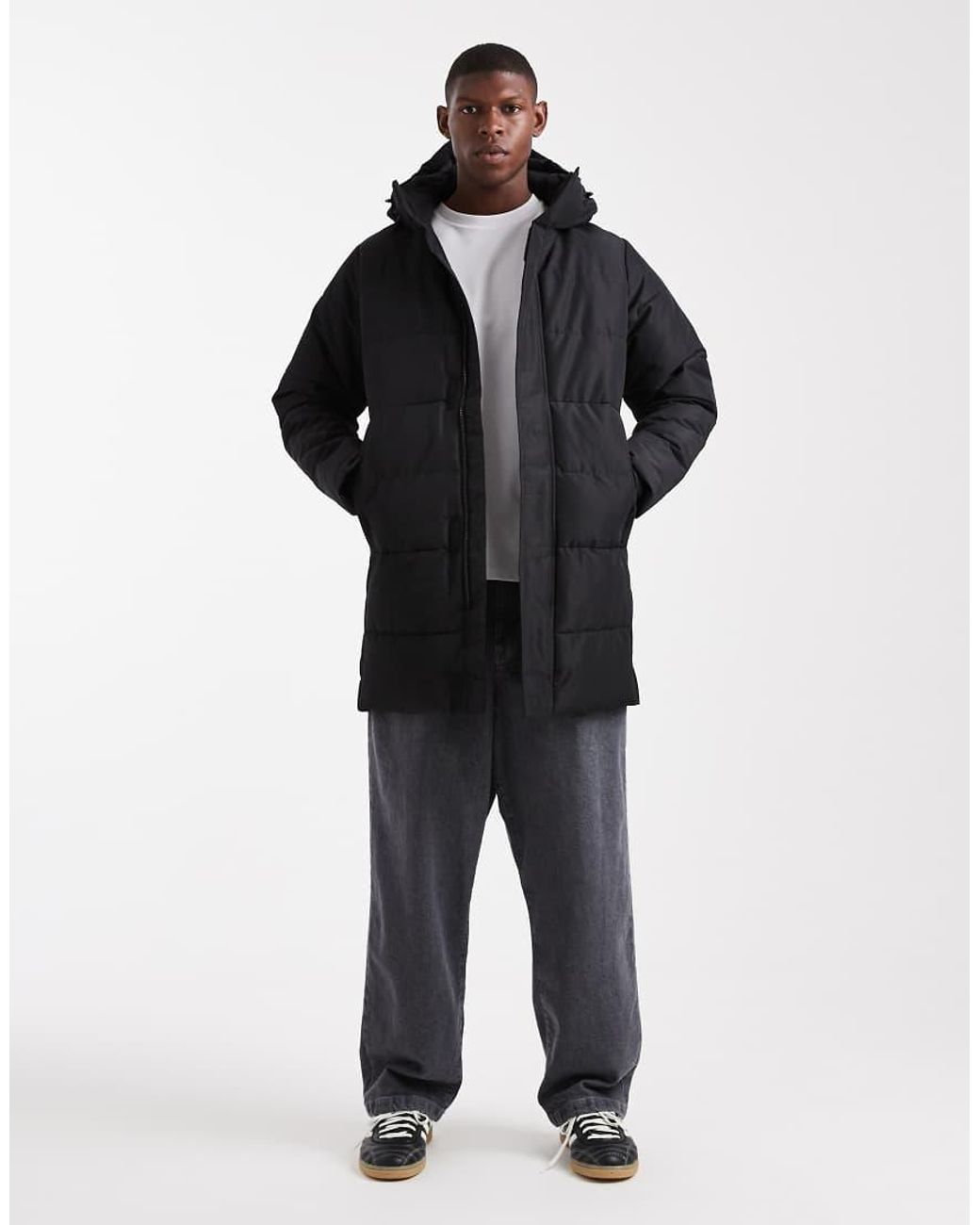 Only & Sons Black Waterproof Longline Puffer Jacket With Hood for men