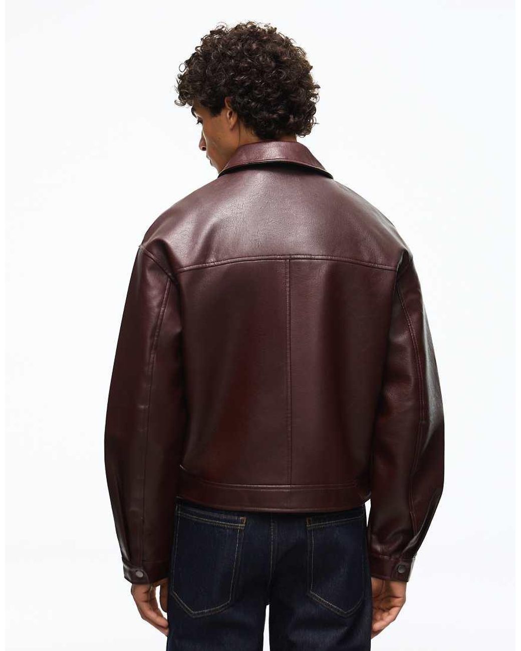 Bershka Brown Boxy Leather Effect Jacket for men