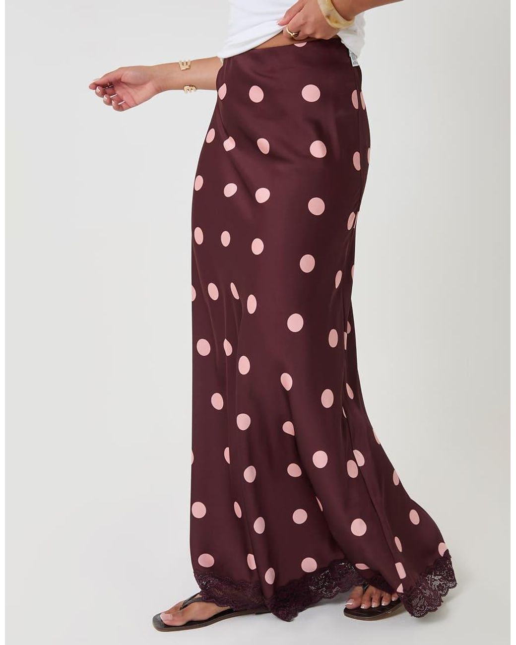 Threadbare Red Petite Polka Dot Satin Lace Trim Maxi Skirt