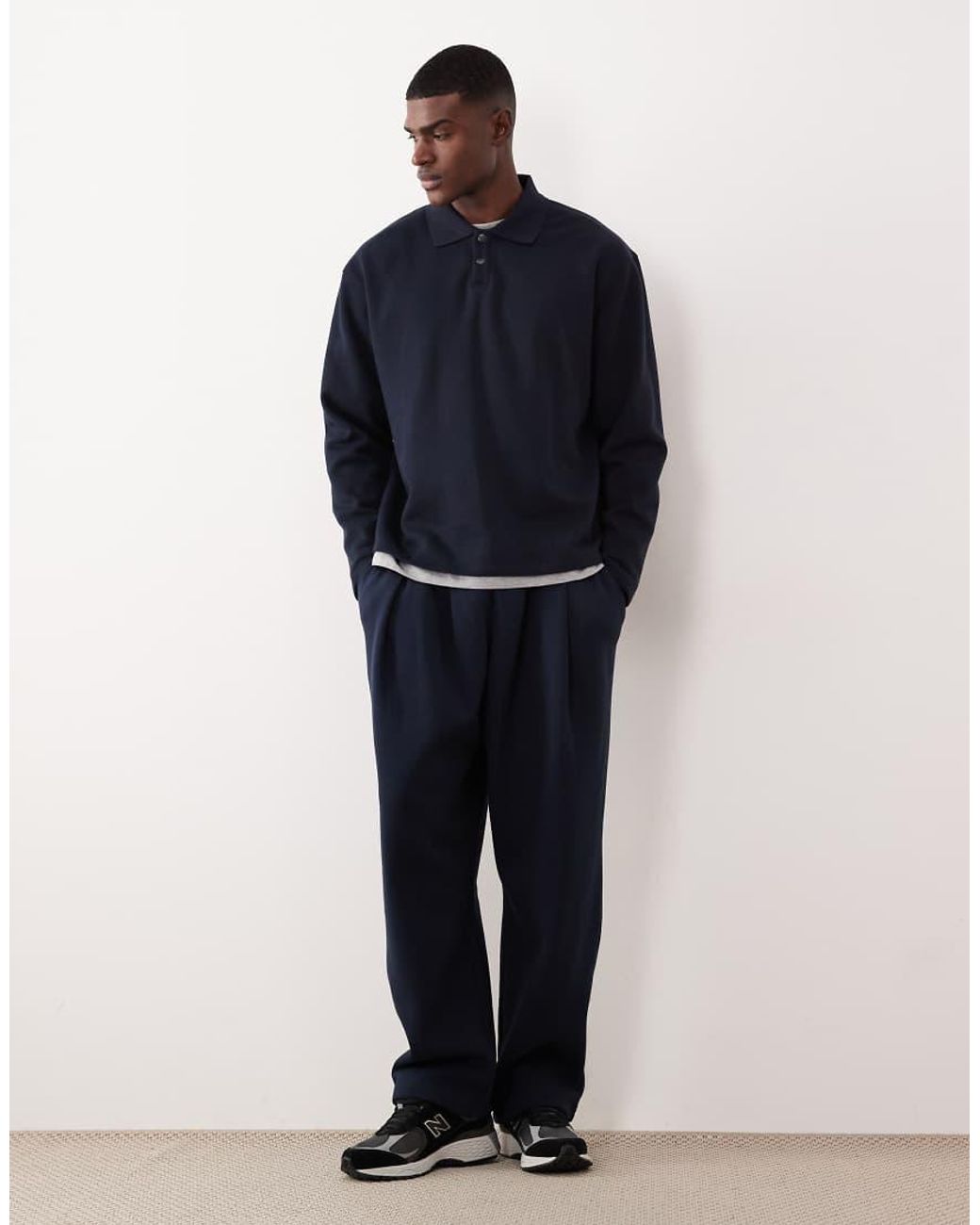 ASOS Blue Relaxed Button Up Polo Sweatshirt With Ribbed Collar for men
