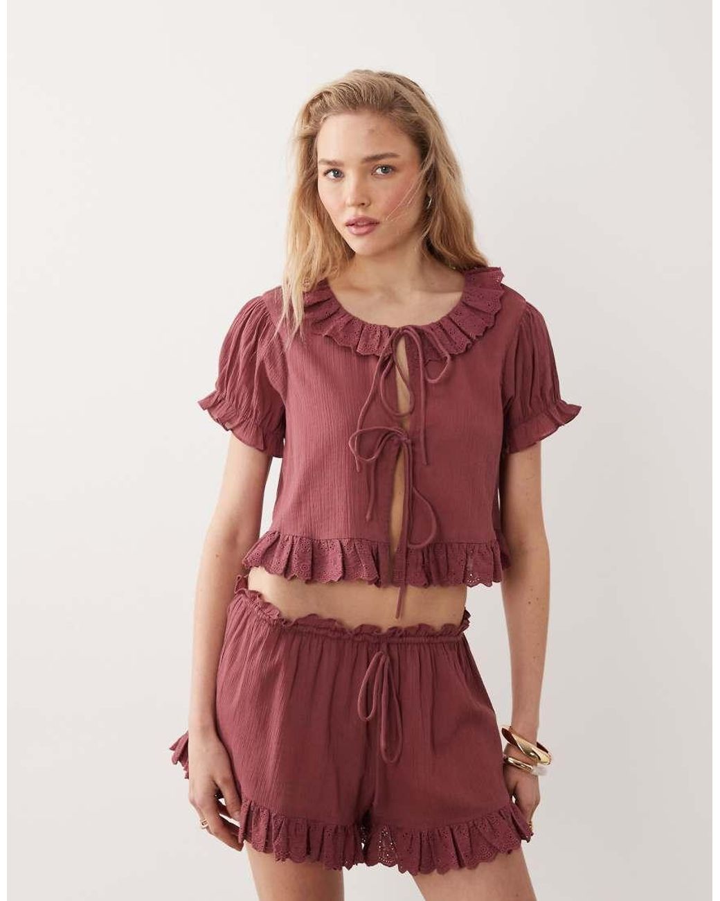 Miss Selfridge Red Beach Tie Front Short Sleeve Frill Cover Up Co-ord