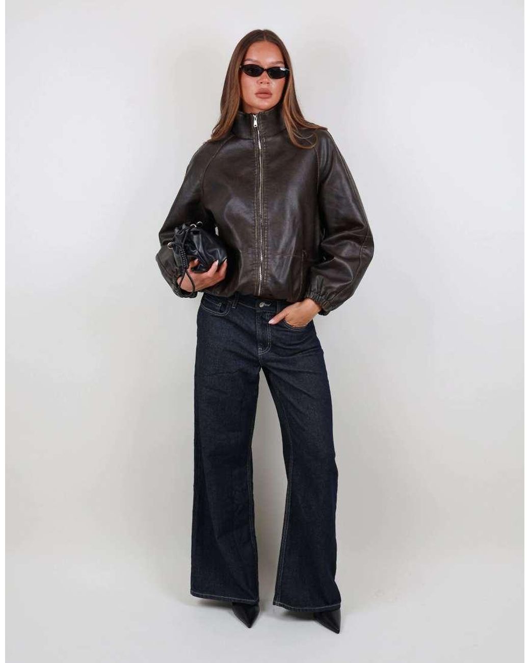 SIMMI Gray Oversized Funnel Neck Faux Leather Bomber