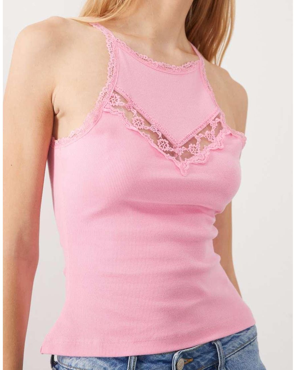 Miss Selfridge Pink Rib Tank With Lace Insert