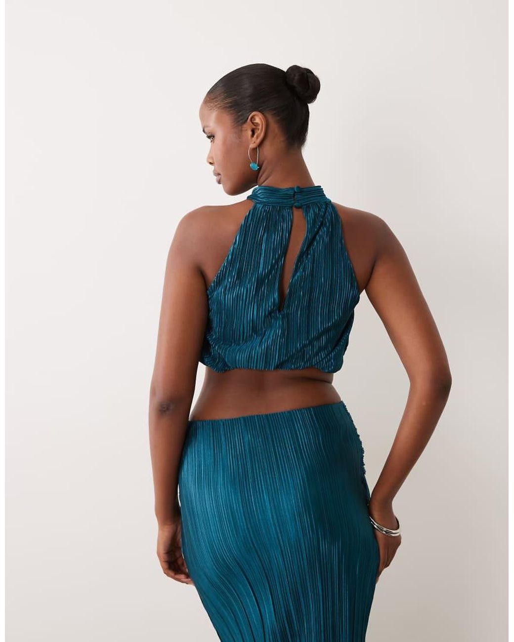 ASOS Blue Co-Ord Plisse Cropped Bubble Halter Neck Top
