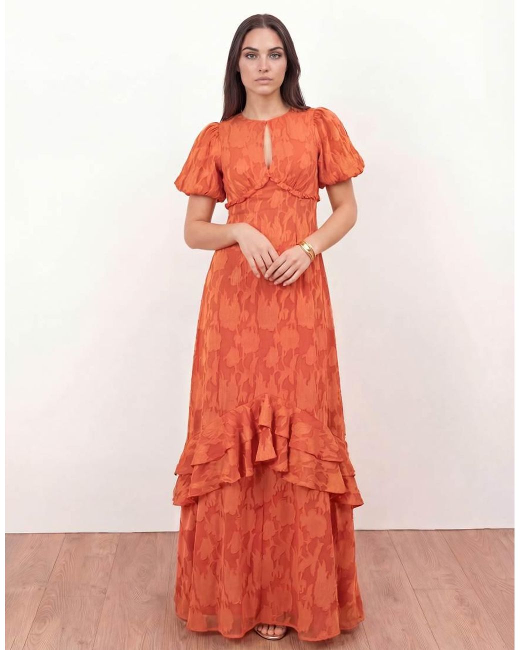 ANAYA Red Floral Burnout Short Sleeve Maxi Dress