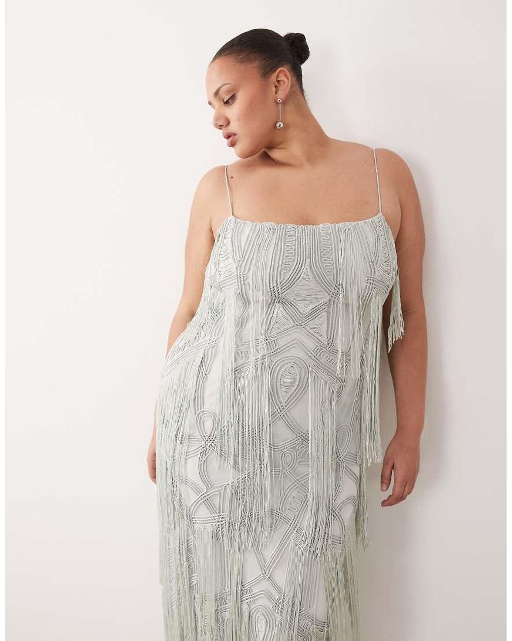 ARRANGE Gray Curve Geo Fringe Cami Column Maxi Dress