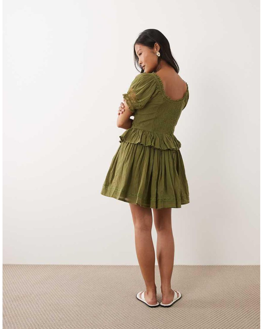 Miss Selfridge Green Cheesecloth Lace Detail Milkmaid Dress