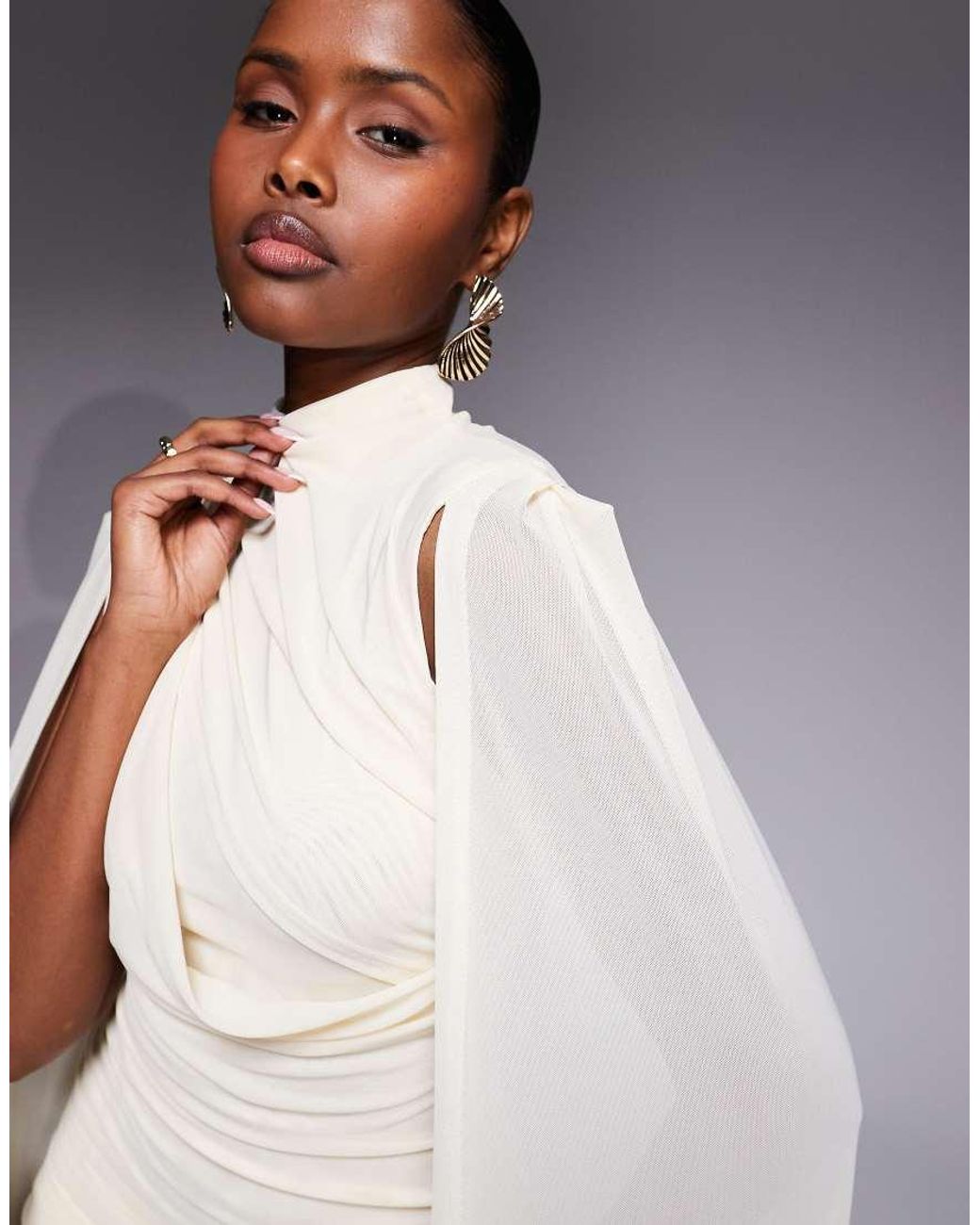 Ruched & Ready Yellow Sculpting Mock Neck Mesh Cape And Twisted Skirt Detailing Mini Dress