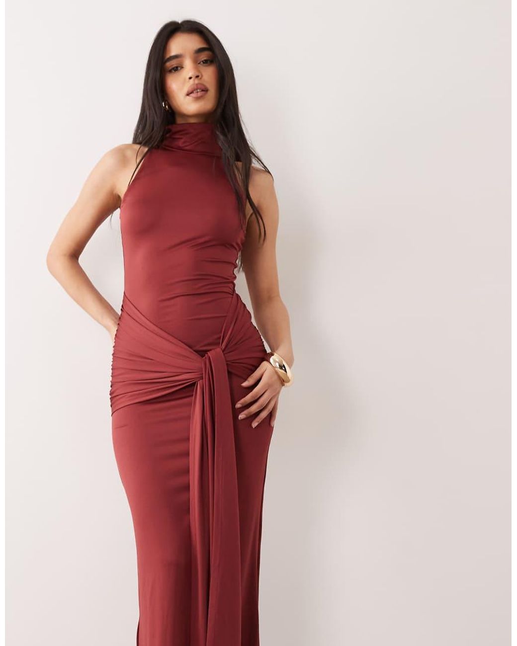 Aria Cove Red Double Sculpted Slinky High Neck Drape Front Maxi Dress
