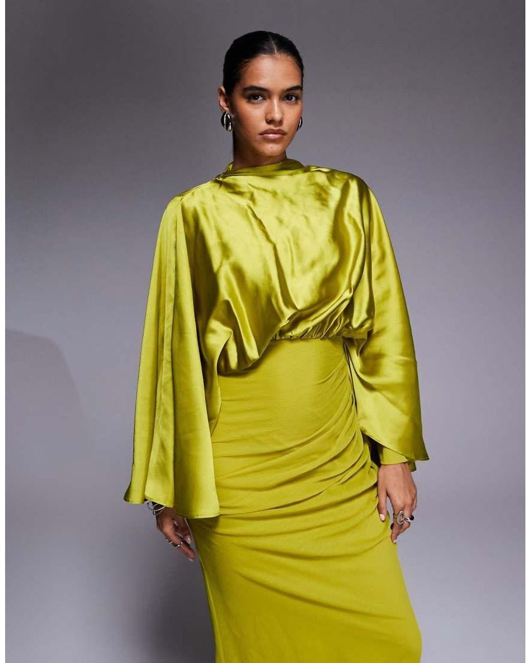 ASOS Yellow Flared Sleeve Satin And Chiffon Mix Maxi Dress With Draped Skirt