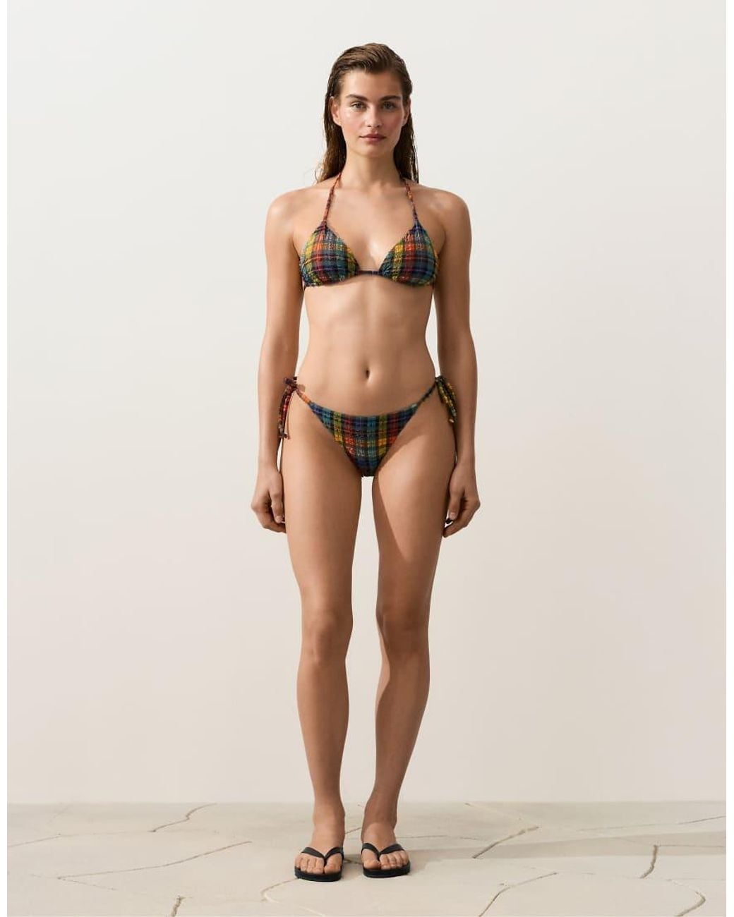 Oysho Black Textured Check Print Triangle Bikini Top
