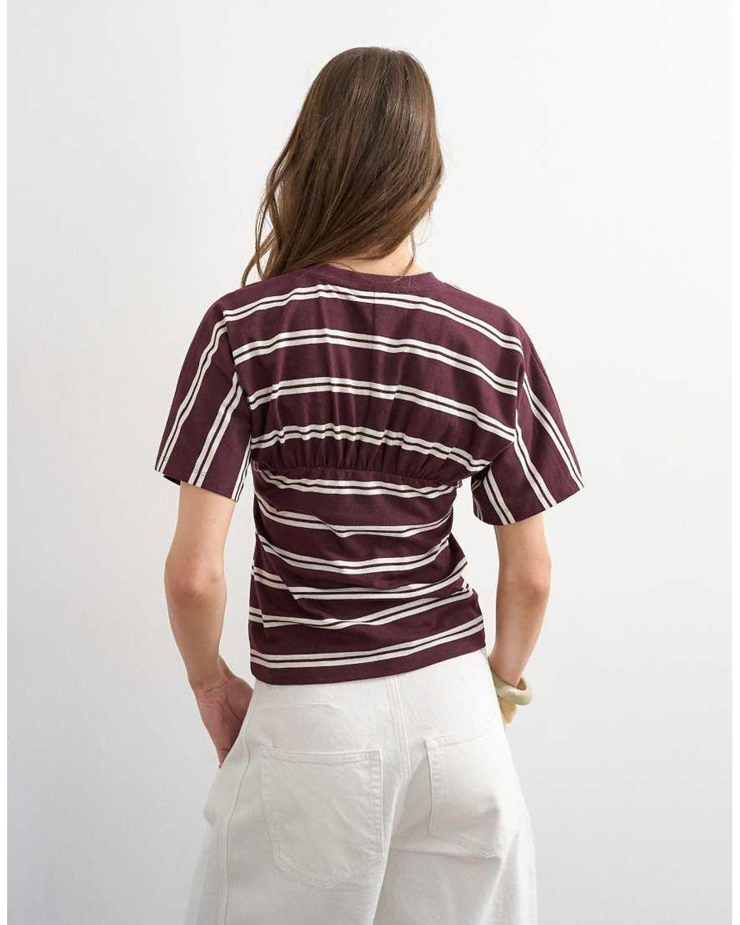 TOPSHOP Red Gather Yoke Seam Short Sleeve Top Burgundy Stripe