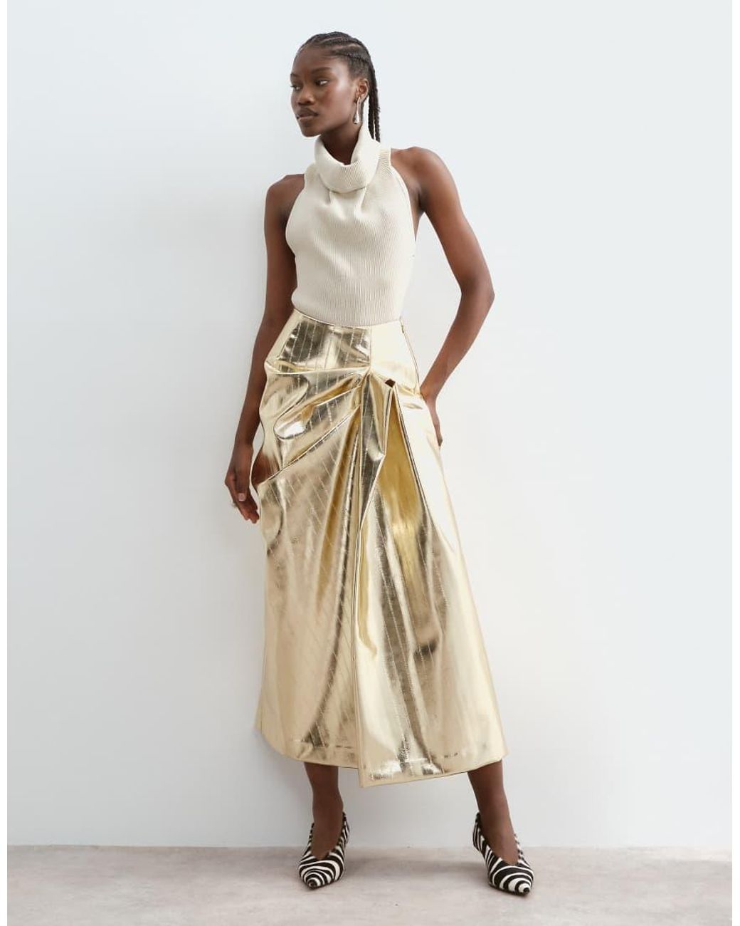 ARRANGE Natural Metallic Hitched Side Midi Skirt