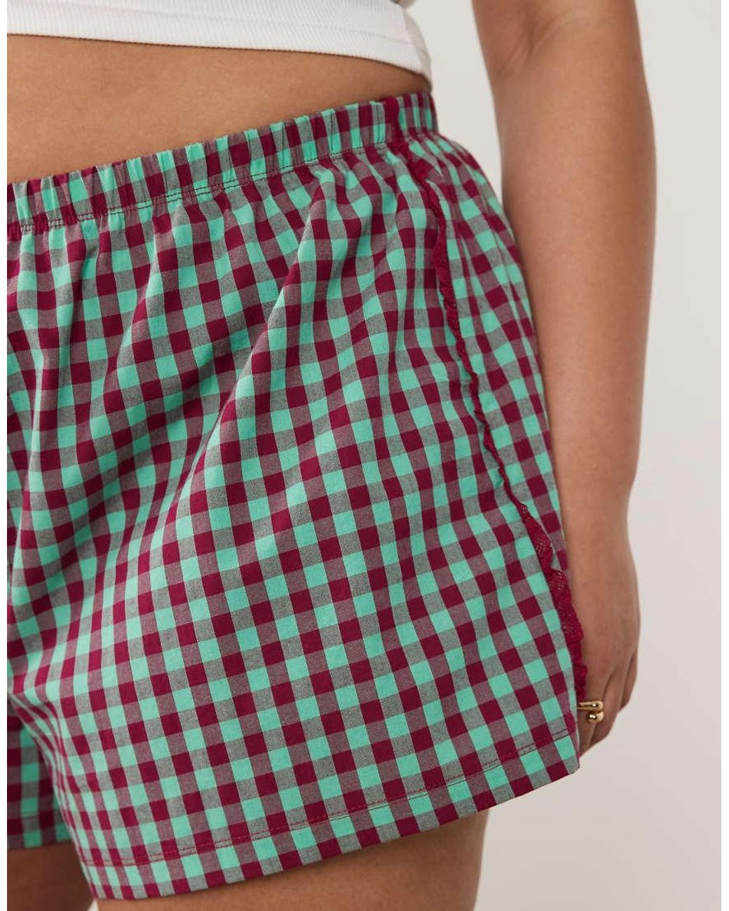 ASOS White Asos Design Curve Textured Gingham Pyjama Boxer Shorts With Lace Trim