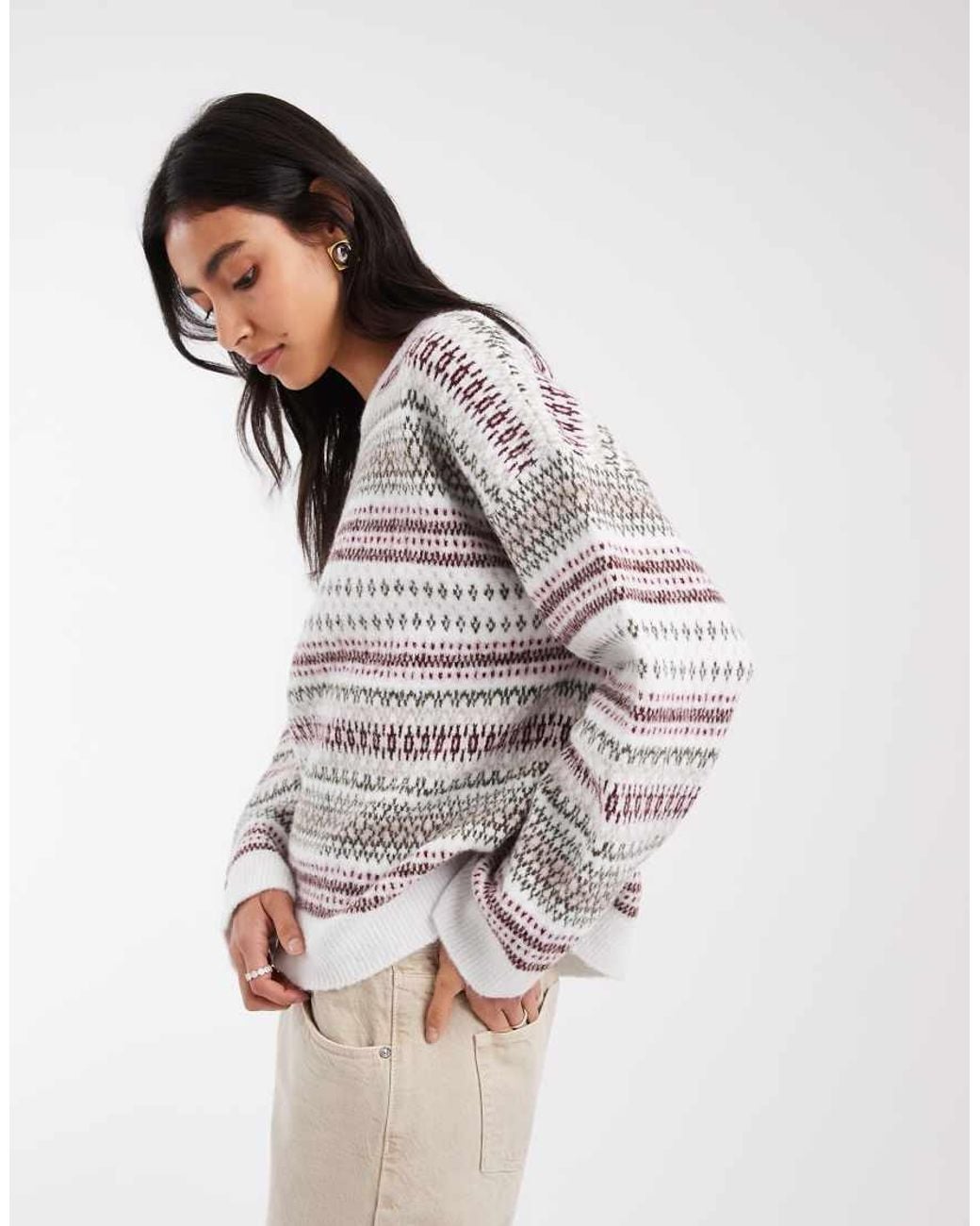 ASOS Gray Knitted Jacquard Striped Long Sleeve Jumper