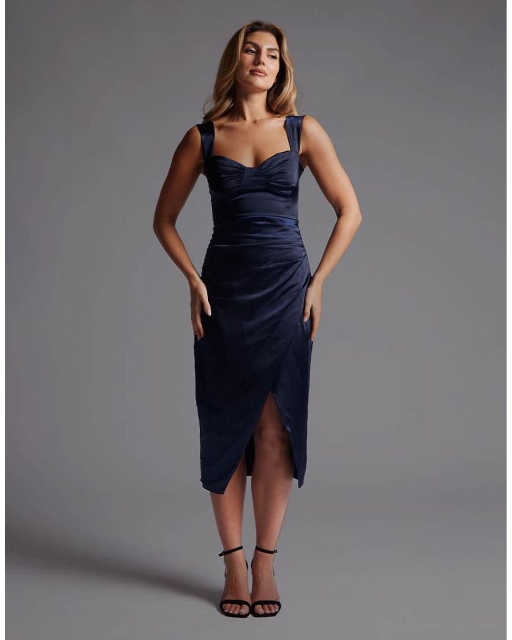 Vesper Blue Sweetheart Neckline Satin Midaxi Dress With Split