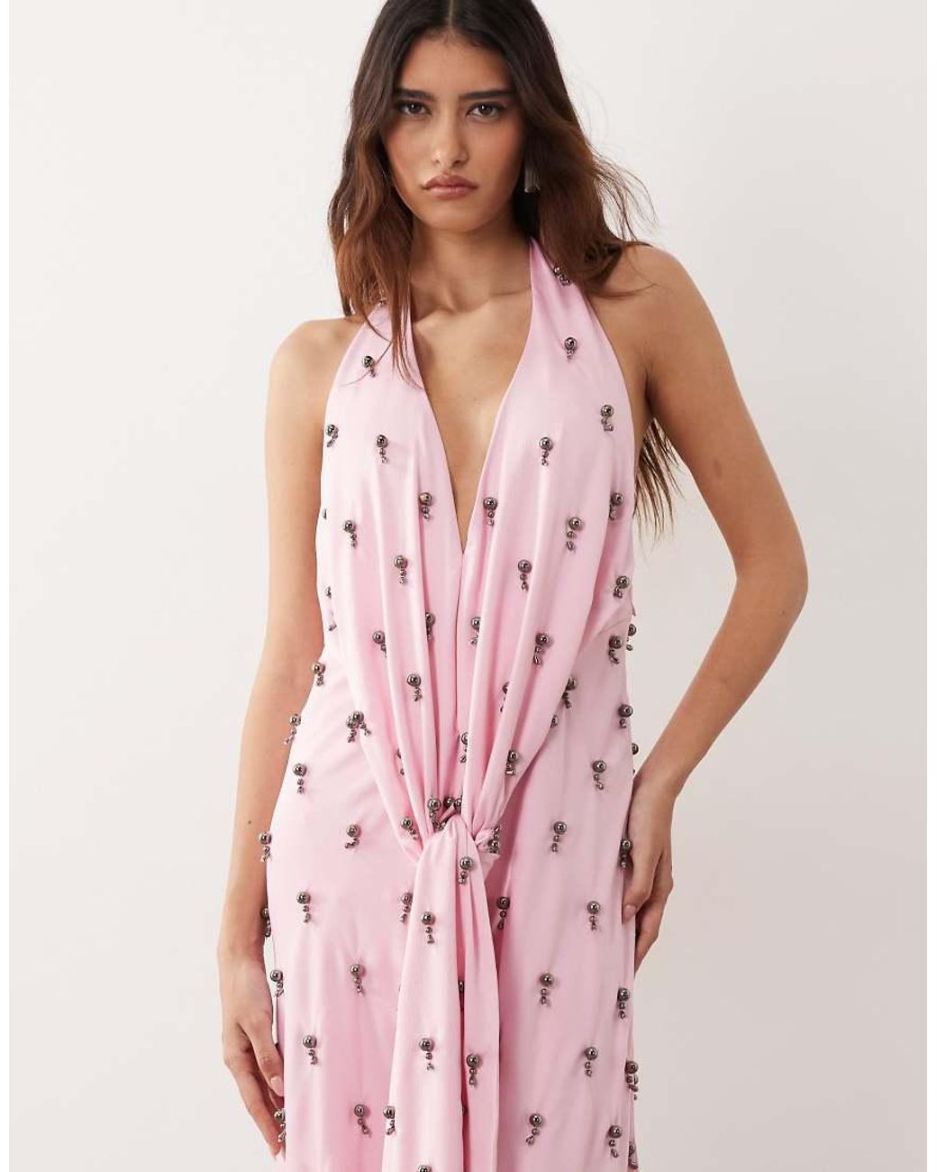 ARRANGE Pink Embellished Plunge Tie Halter Maxi Dress