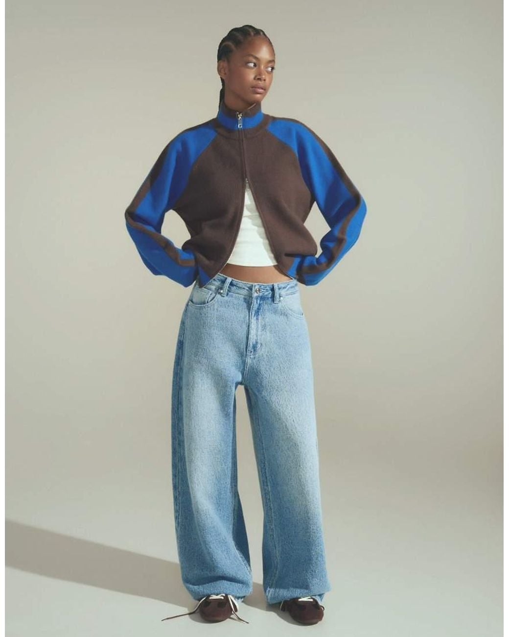 Bershka Blue Textured Barrel-leg Jeans