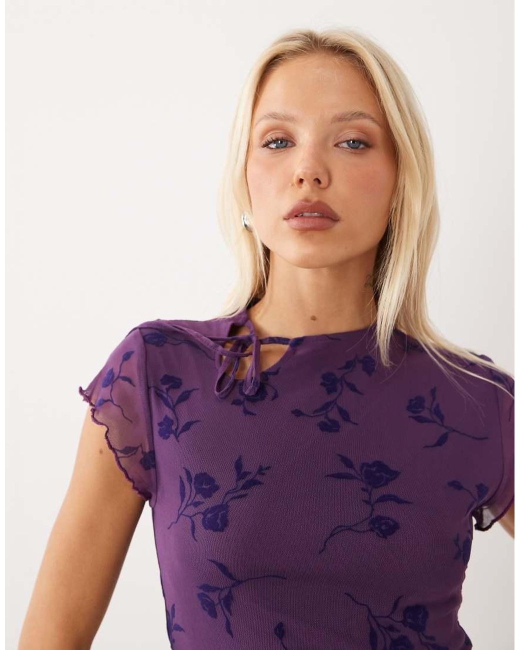 Motel Purple Jiwon Tie Neck Flocked Top