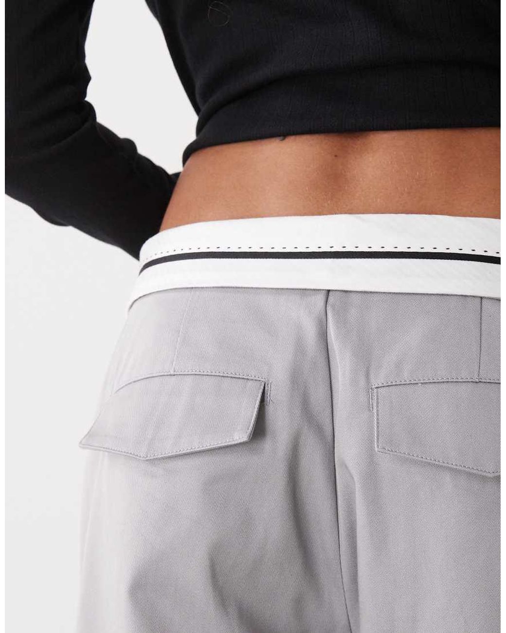 Monki Gray Wide Leg Twill Pants With Fold Over Waist