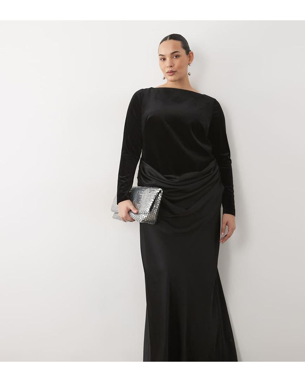 Forever New Black Velvet Slash Neck Draped Satin Waist Maxi Dress