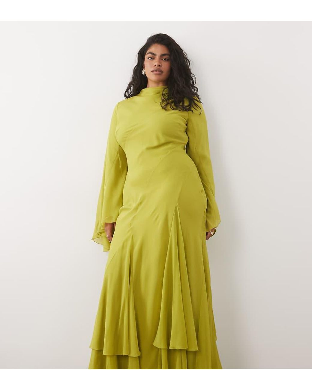 ASOS Yellow Asos Design Curve Long Sleeve High Neck Maxi Dress With Ruffle Godets And Flute Sleeves