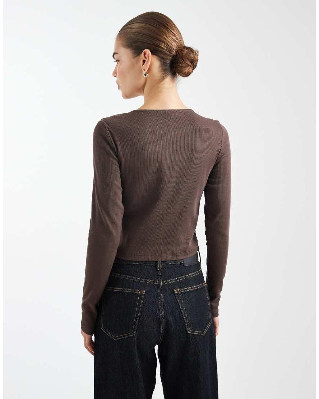 ONLY Brown Long Sleeve Rib Top With Silver Button Detail