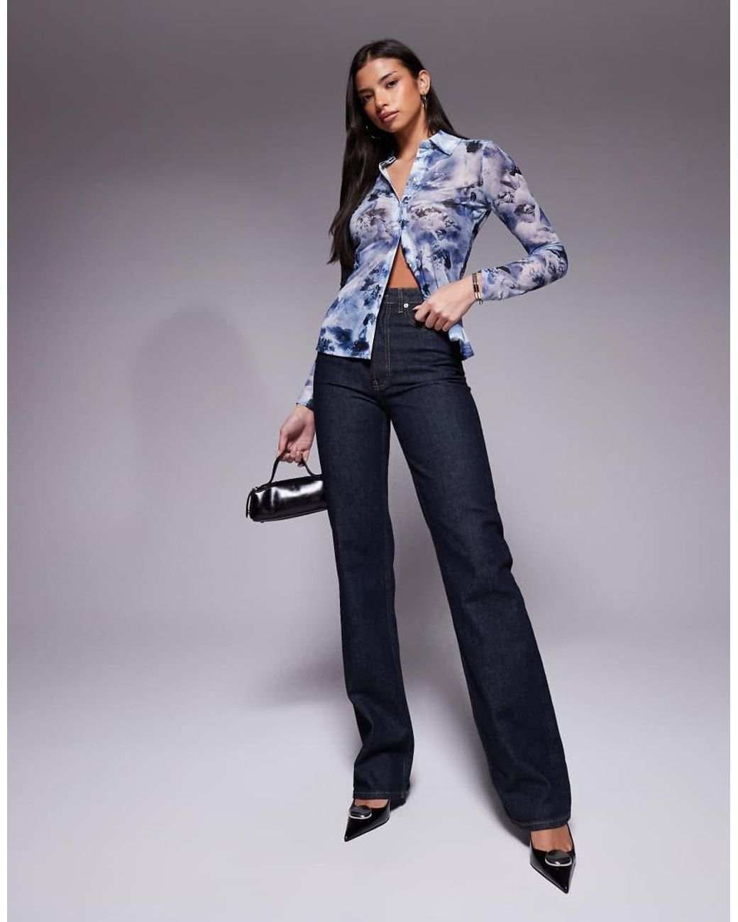 GOOD AMERICAN Blue Mesh Button Up Top