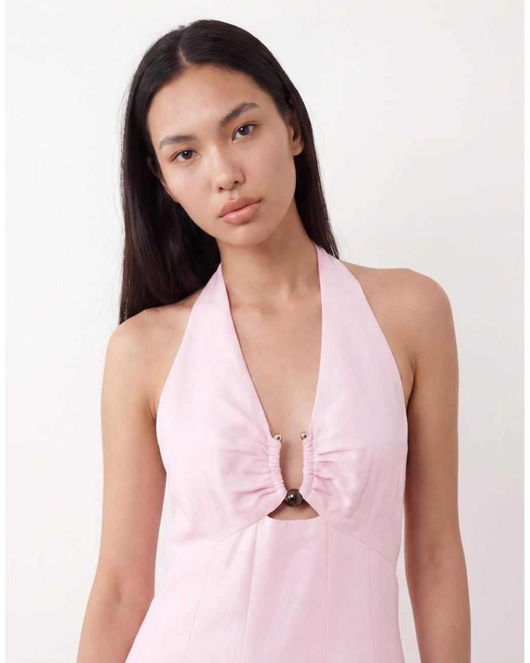 Forever New Pink Linen Mix Halter Neck Midi Dress With Hardware Detail