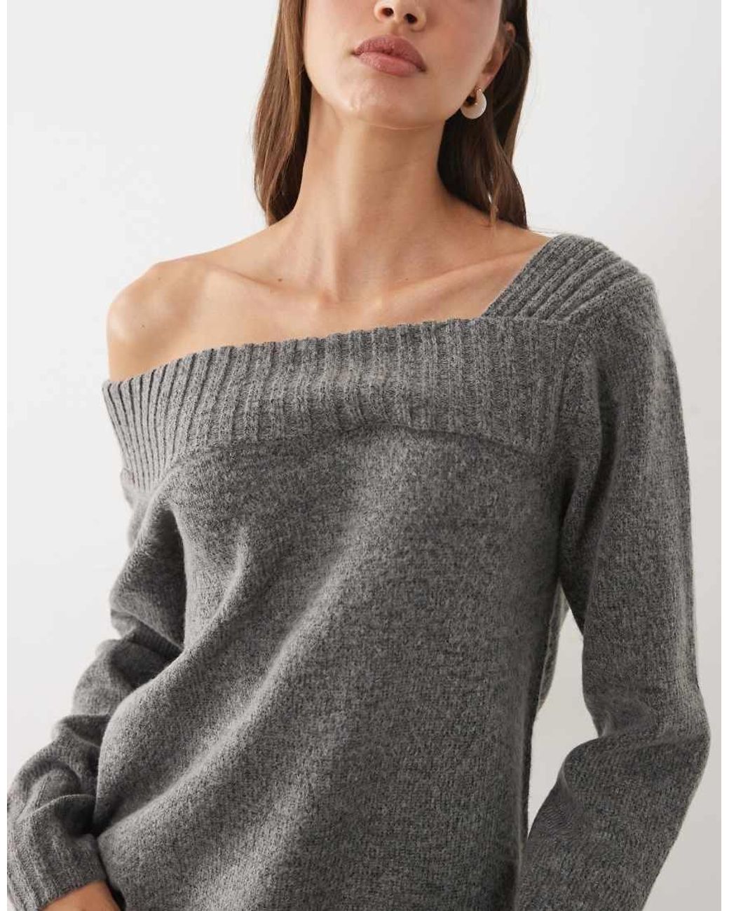 Threadbare Gray Slash Neck Knitted Off Shoulder Jumper