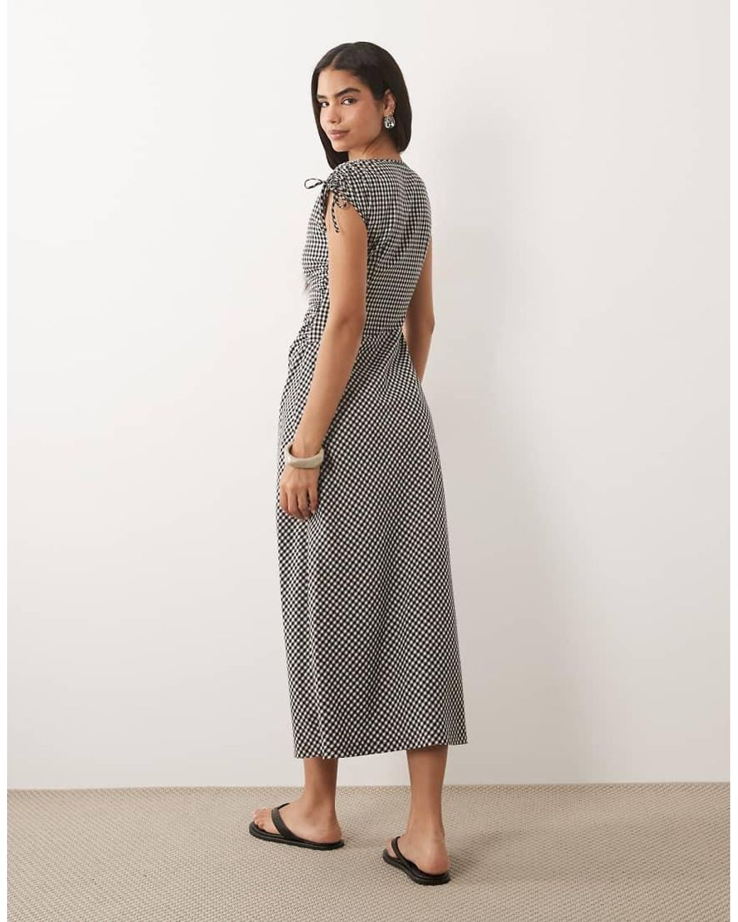 Threadbare Gray Sleeveless Woven Gingham Dress With Ruched Detail
