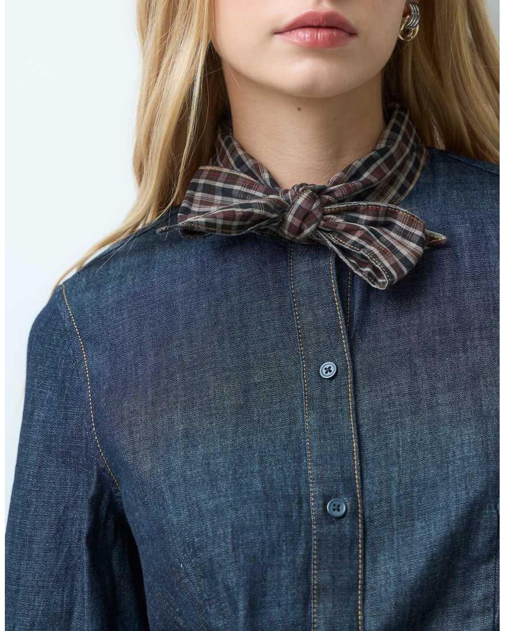 Mango Blue Denim Shirt With Contrast Tie Neck