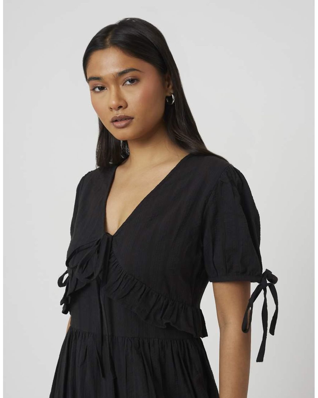 Brave Soul Black Puff Sleeve Maxi Dress With Tie And Ruffle Details