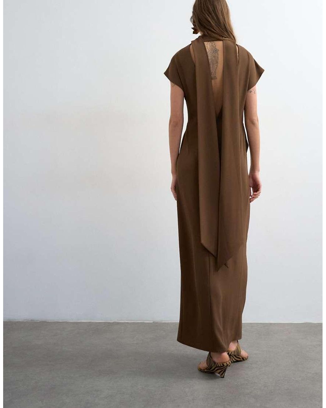 TOPSHOP Brown Heavy Crepe Maxi Dress With Scarf Detail