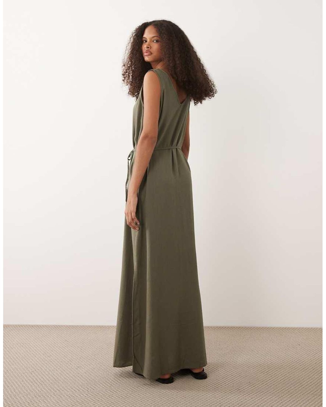 Jdy Green Tie Waist Linen Blend Maxi Dress