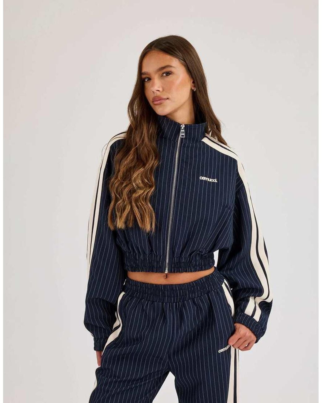 CERNUCCI Blue Pinstripe Taping Cropped Funnel Neck Jacket