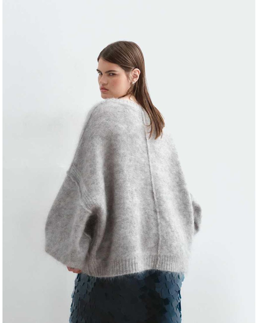 ARRANGE Gray Curve Premium Oversized Mohair Rich V-neck Jumper