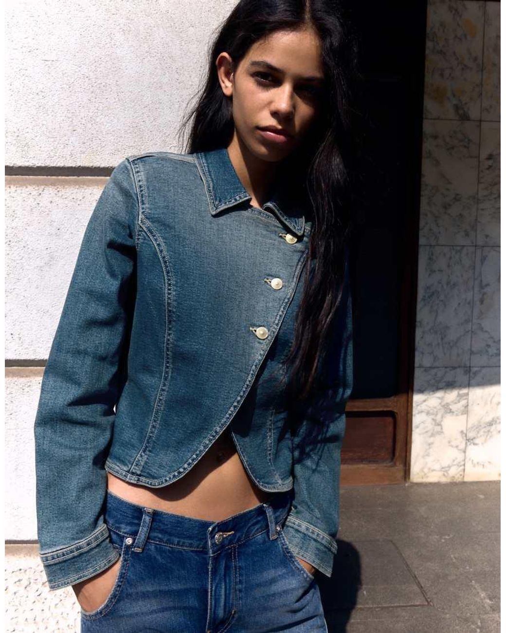 Bershka Blue Asymmetric Fitted Denim Jacket
