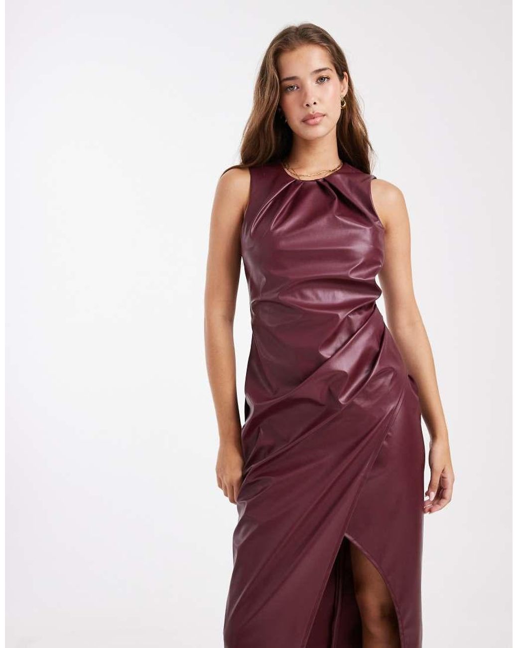 New Look Red Pu Ruched Wrap Midi Dress