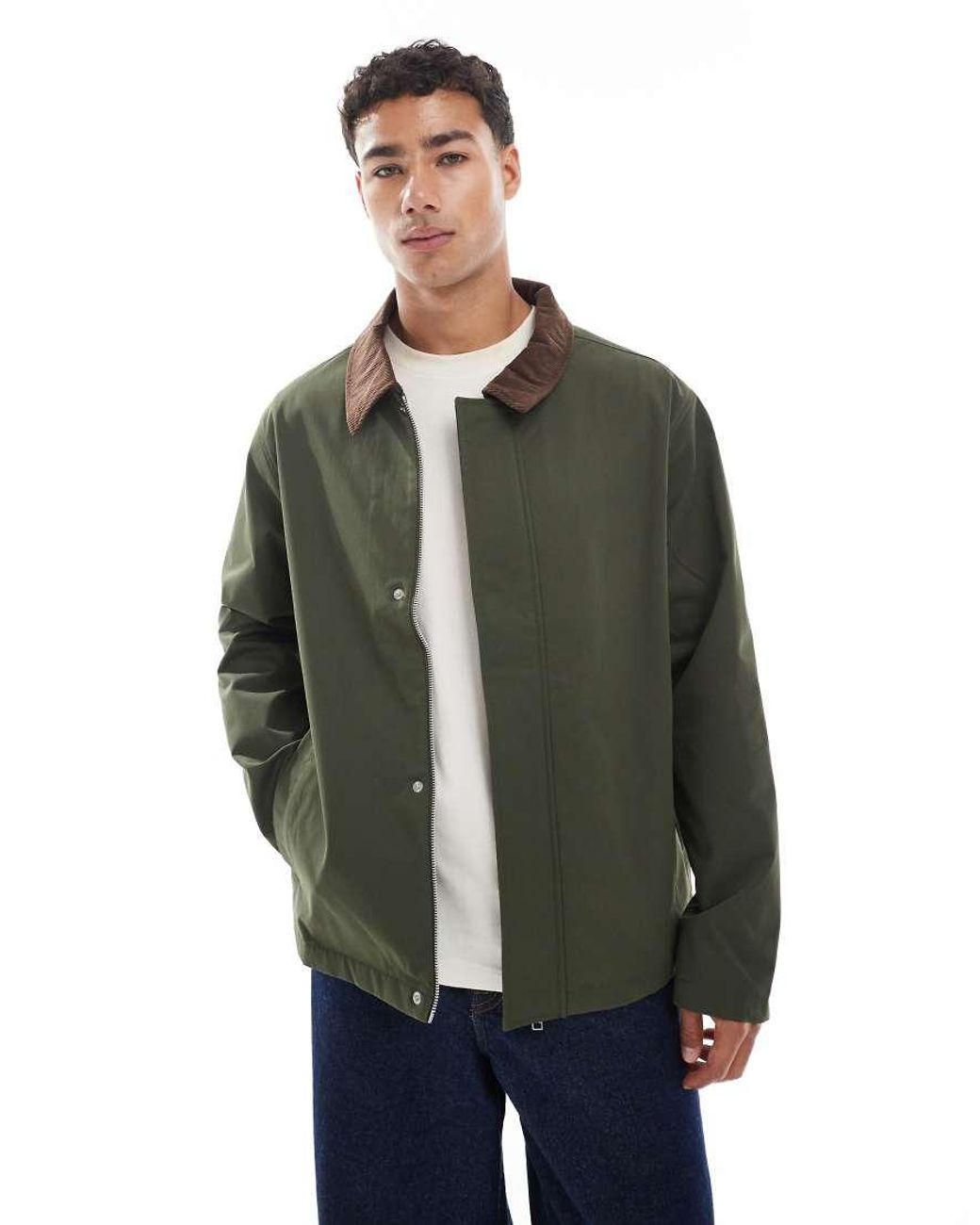 Jack & Jones Green Harrington Jacket With Cord Collar for men